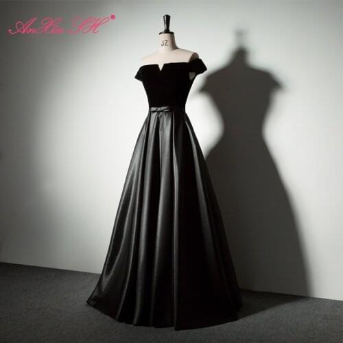 AnXin SH princess black velour satin evening Dress vintage party boat neck bride performance black bow host long evening dress