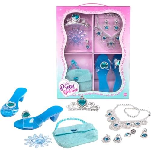 1Set Girls Princess Party Dress Up Jewelry Accessories Crown Necklace Ring Shoes Bags Kids Prerend Play Toys Birthday Gifts