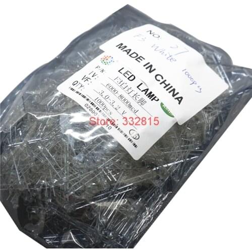 1000PCS F3 WHITE LED DIP-2 3MM ROUND Water Clear LONG LEGS 3.0-3.2V 6000-8000MCD light emitting diode LAMP Free shipping D