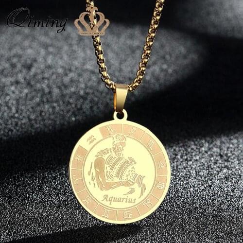 12 Zodiac Sign Aquarius Pendant Necklace Women Amulet Astrology Jewelry Necklace Stainless Steel Jewelry Dropship