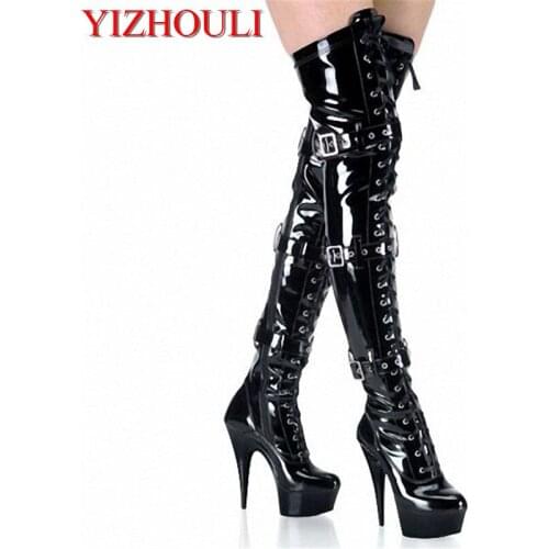 15CM High-Heeled Shoes Platform Front Buckle Strap Over The Knee Boots Round Toe Boots Ladies' 6 Inch Sexy Thigh High Boots