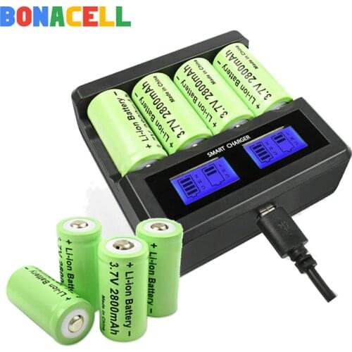 Bonacell 8Pcs 2800mAh 16340 CR123A Recharge Battery + LCD Charger for Arlo Security Camera