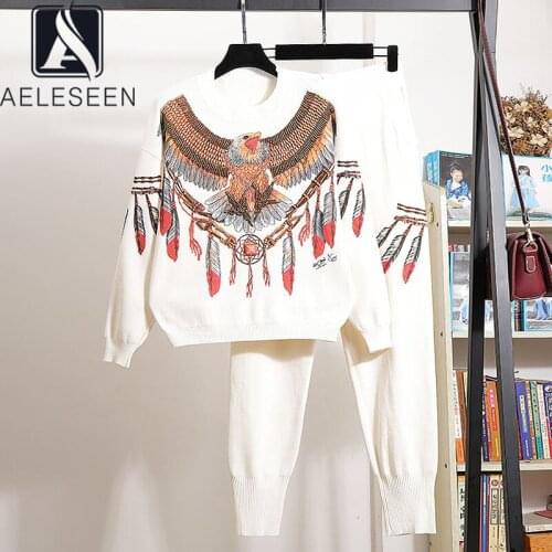 AELESEEN Women Casual Knitted Sets 2021 Autumn Winter Runway Fashion Beading Eagle Print Sweater+Full-Lenght Pants 2 Pieces Set