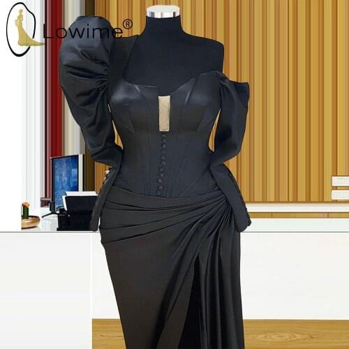 Vintage Black One Shoulder Long Sleeve Mermaid Evening Dresses 2021 Floor Length Satin Prom Party Gowns Custom Made Formal Dress