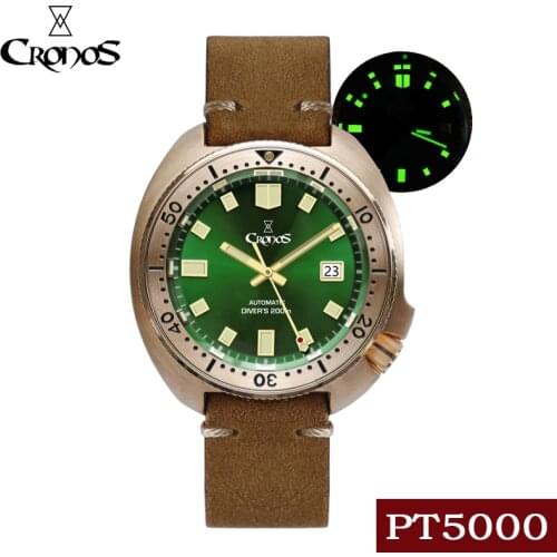 Cronos Bronze Mens Diver Watch Mechanical 200M Waterproof PT5000 SW200 Automatic Wristwatch Sapphire Green Light Luminous Dial