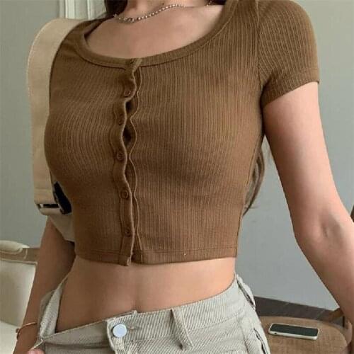 Korean Fashion Summer Crop Tops Women Button Knitted Short Sleeve Ribbed T Shirt Blusas Feminina Verao 2021