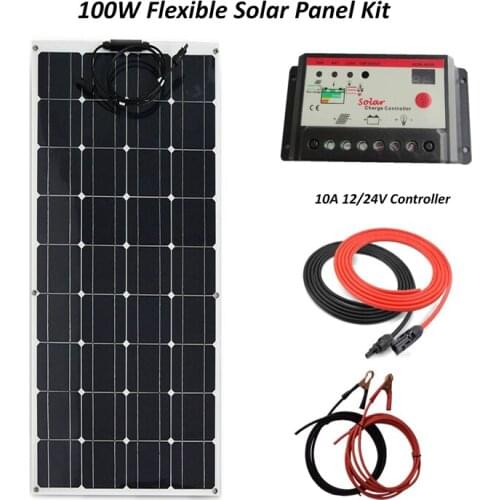 Flexible Solar Panel System 100W plate CELLS Monocrystalline silicon Panels+10A LED solar controller+cable