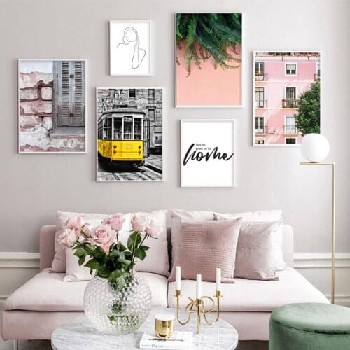 City Landscape Canvas Poster Nordic Decoration Bus Pink Building Wall Art Print Painting Home Quote Pictures for Living Room