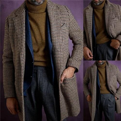 Plaid Mens Overcoat Woolen Warm England Style Double Breasted Thick Loose Mid-Length Casual Trench Winter Coat Male Jacket