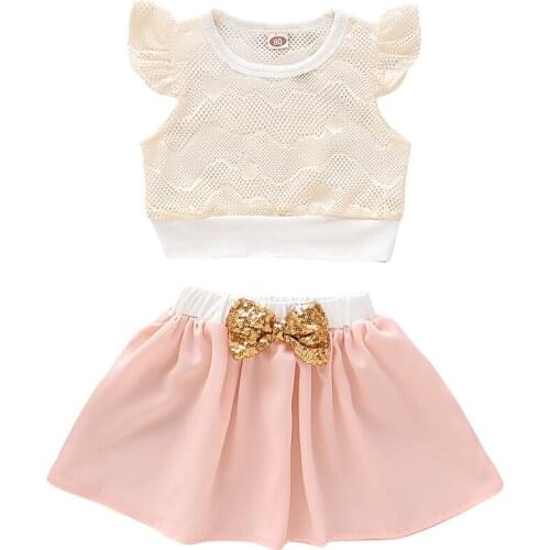 Girl’s 2Pcs Summer Cute Sweet Clothes Suit Fly Sleeve Round Neck Hollowed Mesh Crop Tops with Bow Decoration Short Skirt 1-4Y