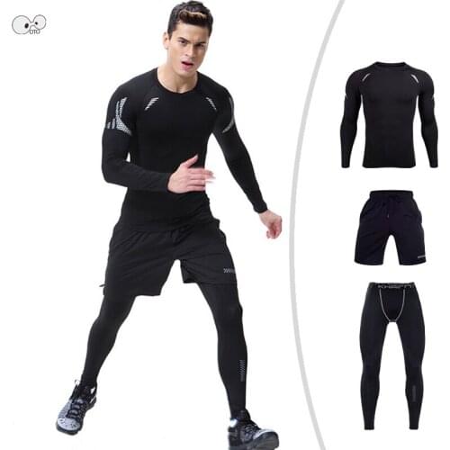 3 Pcs Compression Mens Sport Suit Outdoor Running Jogging Set Gym Fitness T Shirt Pants Workout Tights Underwear Dry Fit Clothes