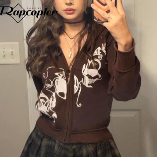 Rapcopter Floral y2k Jackets Brown Cropped Grunge Coat Long Sleeve Retro Hoodies Autumn Winter Casual Outwear Women Harajuku Top