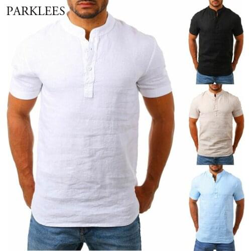 Loose Linen Shirts Men 2020 Summer Mens Breathable Short Sleeve Henley Shirt Chemise Homme Casual Blouse Linen Shirt Thin Tops