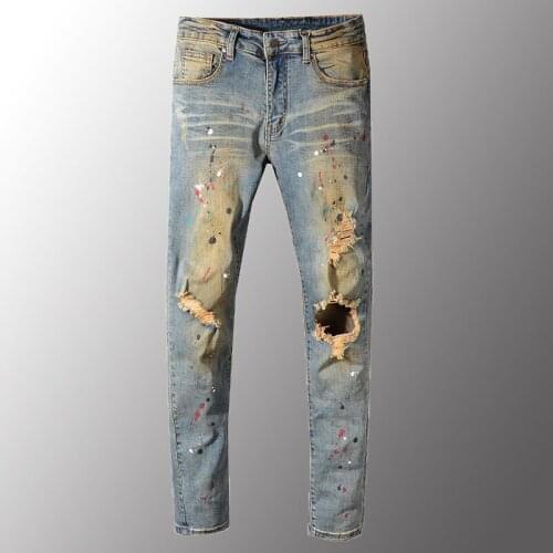 New Mens Painted Holes Ripped Torn Denim Jeans Vintage Blue Distressed Stretch Denim Pants High Quality Slim Fit Male Jeans 40