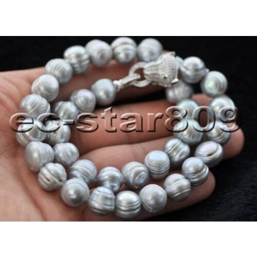 P6694 17"-33” 13mm Gray Round Screw Freshwater PEARL Necklace CZ Cougar Choker