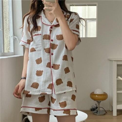 Summer cartoon pajamas set casual women 2 piece set homewear short sleeve cardigans single breasted tops shorts sleepwear Y682