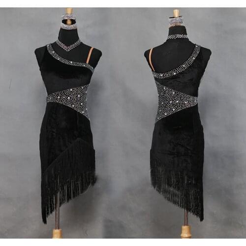 Rhinestone Latin Dance Dress For Women Black Fringe Dress Flamengo Salsa Costume Tango Competition Stage Latin Dance Wear BL1312