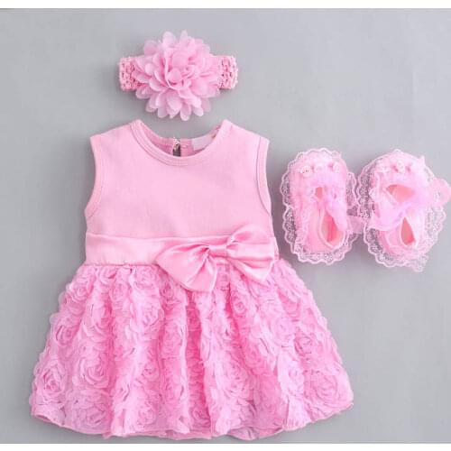 Baby Girls Infant newborn Dress Summer Kids wedding Party Birthday Outfits 1-2 years dress headband Shoes Set Christening Gown
