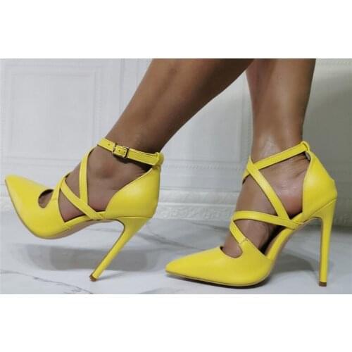 Drop Shipping Fashion Woman Yellow Cross Cuts Out Pointed Toe Pumps Female Sexy Party Stiletto Heels Dress Shoes Big Size 47