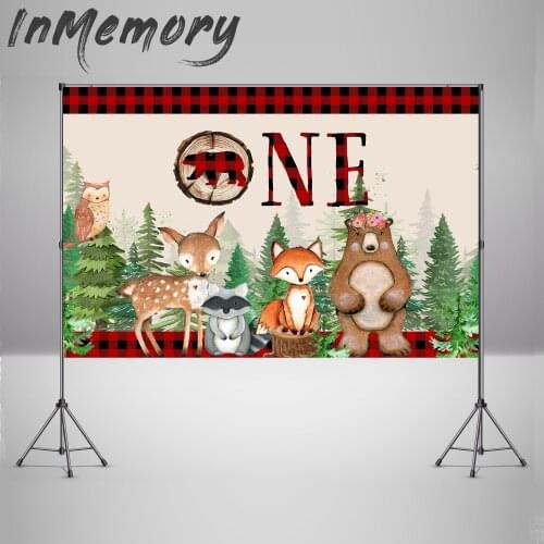 Wild One Photographie Props Background Black red grid Woodland Party Photo Backdrop Animal Fox Bear Baby Banner Shower Photozone