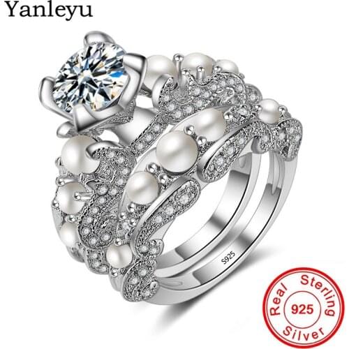 Yanleyu Luxury Wedding Engagement Rings Set 2 PCS 925 Sterling Silver AAA+ Cubic Zircon Pearl Jewelry Rings for Women Gift PR191