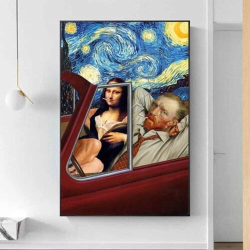 Funny Art Van Gogh and Mona Lisa Driving Canvas Posters Abstract Smoking Oil Paintings on Canvas Wall Pictures Home Wall Decor