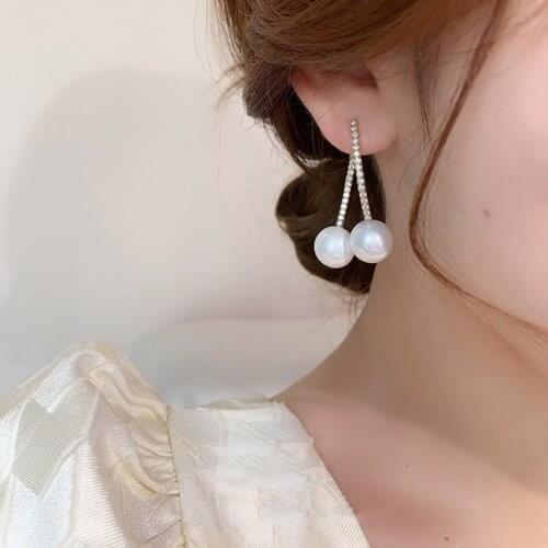 MENGJIQIAO Korean Fashion Rhinestone Cross Drop Earrings For Women Ladies Elegant Pearl Ball Pendientes Jewelry Gifts