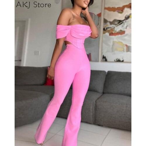 Women 2 Piece Set Off Shoulder Backless Corset Top And High Waist Flare Pants Sets