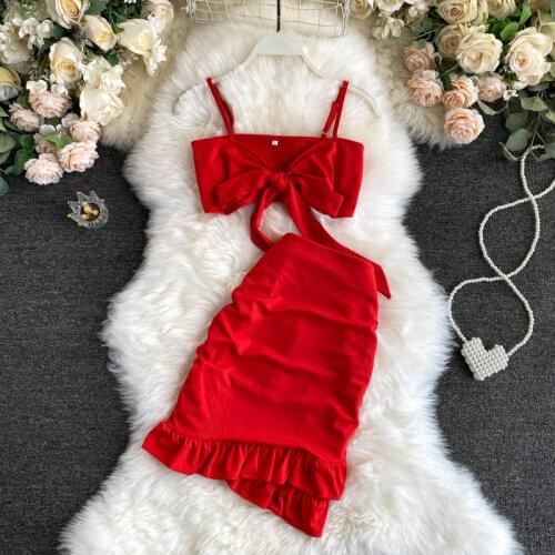 FMFSSOM Summer New Women Beach Sexy Sling Bow Short Top Edible Tree Fungus Sheath Slim Short Skirt Vacation Two Piece Sets