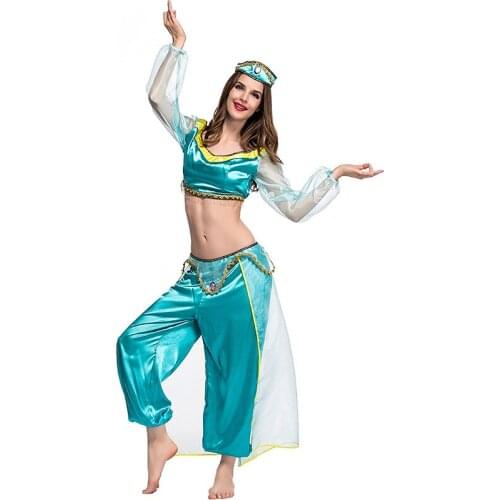 Woman Jasmine Cosplay Dress Blue Headwear Top Pants 3Pcs Set Adult Lace Crop Backless Top Halloween Princess Cosplay Costumes