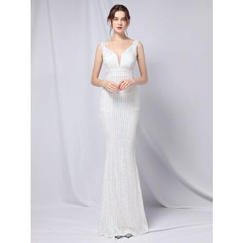YIDINGZS Sexy V Neck Sequin Evening Dress 2021 New Women Party Bodycon Maxi Dress White Wedding Long Prom Dress
