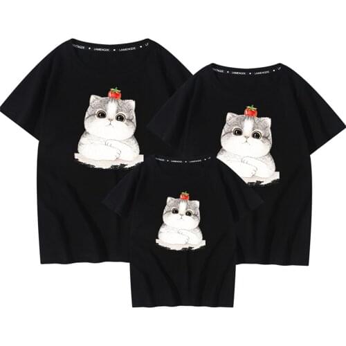 100%Cotton Family Matching T Shirts Black Lovley Cat Printed Mama Dad Tshirts Kids Children Cute Graphic Tee Tops Family Tshirts