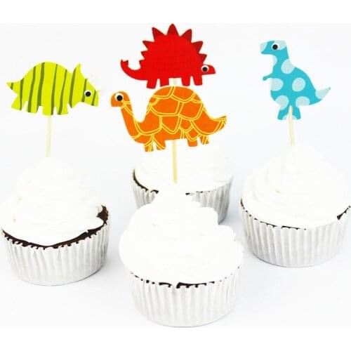 24pcs Cartoon Jungle Dinosaur Cake Toppers Picks Cupcake Topper for Baby Shower Kids Birthday Party Cake Decorating Supplies