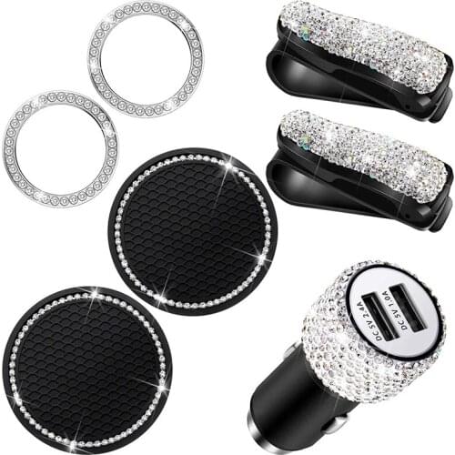 7 Pieces Crystal Diamond Car Accessories Set USB Car Charger Rhinestones Glasses Holders Car Cup Coaster Car Ring Emblem