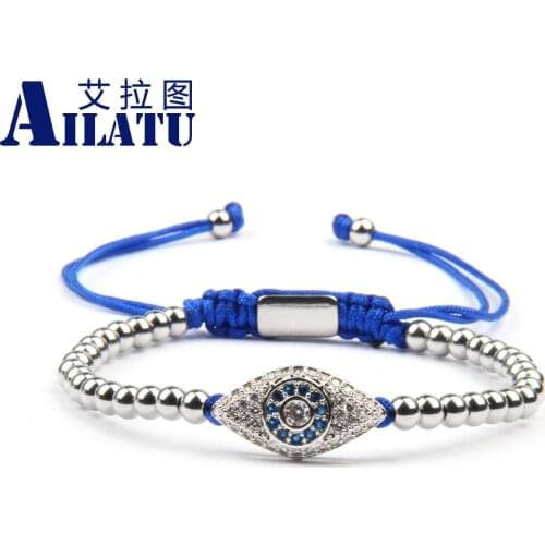 Ailatu Turkish Lucky Eye Macrame Bracelets with 4mm Stainless Steel Beads Blue Rope Chain Jewelry Party Gift