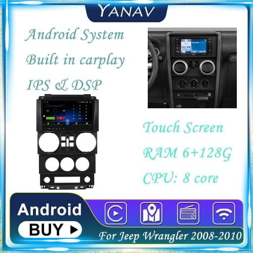 Android 2 Din Car Radio For Jeep Wrangler 2008-2010 GPS Navigation Stereo Receiver Multimedia Player Auto Video Wireless Carplay