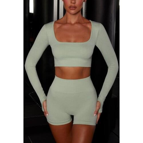 Ombre Seamless 2 Piece Set Women Sport Suit Gym Workout Clothes Long Sleeve Fitness Crop Top And Scrunch Butt Leggings Set