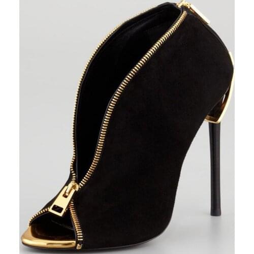 Sexy Bottines Suede Leather Peep toe Ankle Boots Gold Metal Zip Chains Across High Heels Women Motorcycle Boots Shoes Woman