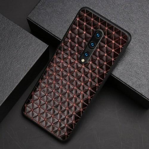 Genuine Leather Phone Case For Oneplus 8 7 7T Pro 9 9T Cowhide Triangle Business Texture Back Cover Funda Capa