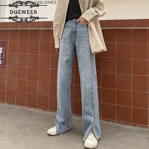 Dueweer Wide Leg Jeans Women High Waist Trousers Side-slit Loose Hip-hop Washed Casual Vintage All-match Pants