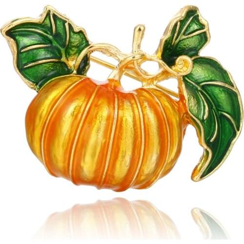 Enamel Orange Pumpkin Brooches Green Leaves Halloween Pumpkin Plant Brooch Pins Corsage Clothes Accessories Hat Collar Pins