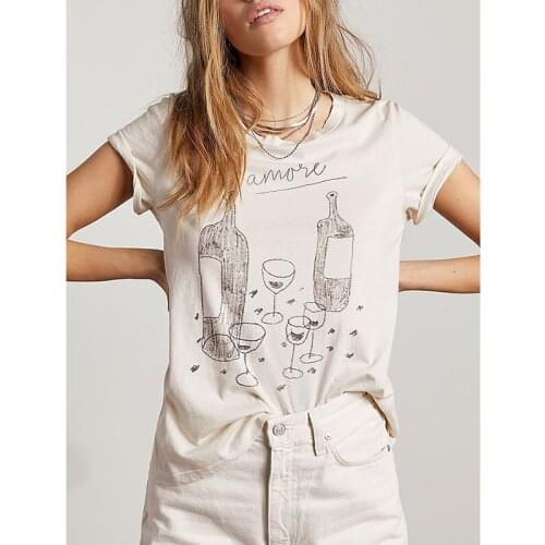 Short-sleeved T-shirt bottles print T-shirt flowers for women white tees casual loose tops