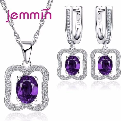 New Luxury Wedding Jewelry Set 925 Sterling Silver Purple CZ Stone Women Pendant Necklace/Earrings Set Jewelry