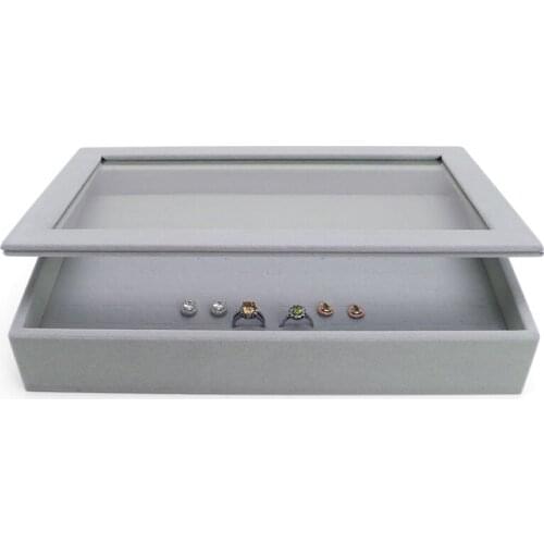 Fashion Ice Gray Velet 100 Slot Ring Tray Jewelllery Storage Stand With Plastic Cover Earrings Pendant Display Organizer Series