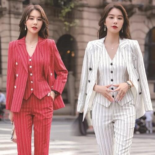 IZICFLY New Fall Winter Red Striped Office Uniform Business pant suit with vest 3 piece suit women trouser Vest and blazer set