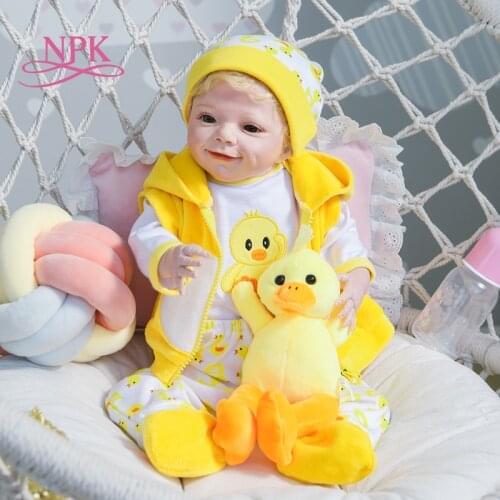 NPK 55CM reborn April baby doll with duck dress set lovely smile face weighted doll hand rooted hair high quality