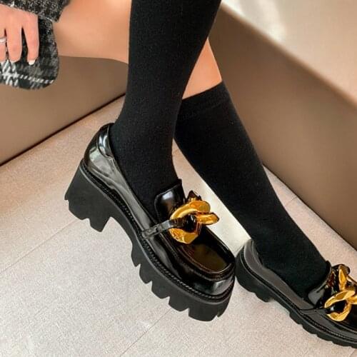 Ochanmeb New Chic Brand Gold Chain Chunky Heels Goth Shoes for Women Natural Genuine Leather Platform Square Toe Gothic Loafers