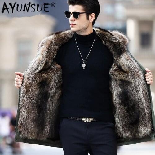 AYUNSUE Real Fur Coat Men Parka Winter Jacket Natural Raccoon Fur Liner Long Warm Coat Hooded Parkas Hombre Outerwear 91716