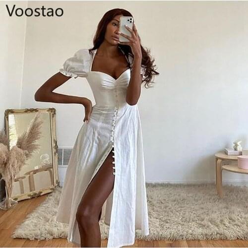 French Vintage Puff Sleeve Dress Women Elegant Square Collar White Split Dresses Female Sexy Chic Evening Party Beach Midi Dress