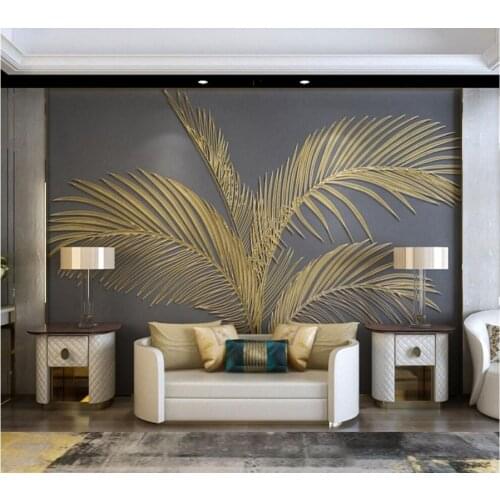 Custom Wallpaper 3d Atmospheric Beautiful Sunflower Tropical Green Plants Golden Embossed Lines Background Wall Living Room обои